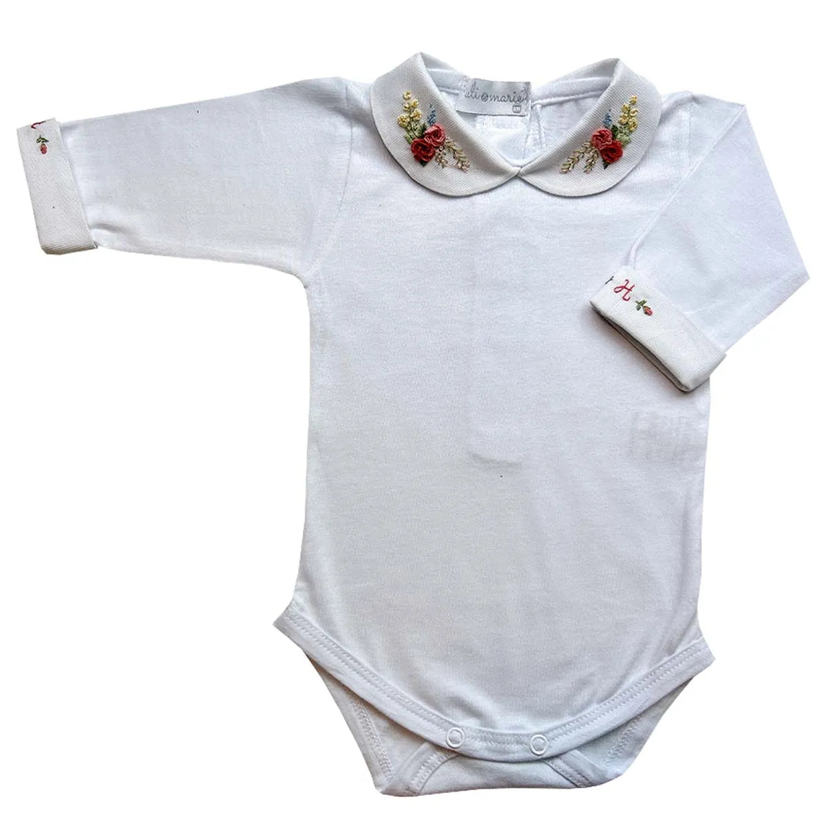 body anne branco de manga longa com gola redonda bordada com flores em tons de vermelho e rosa