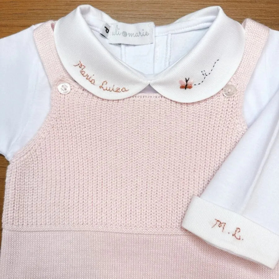 body branco de algodão egípcio com manga longa e gola personalizada maria luiza com bordado de borboleta