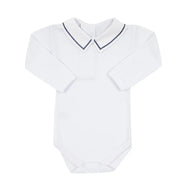 body corda azul marinho branco com gola tradicional e bordado azul marinho em ponto corda delicado