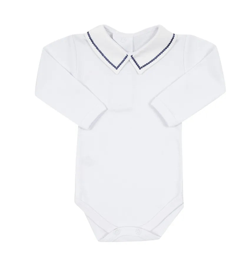 body corda azul marinho branco com gola tradicional e bordado azul marinho em ponto corda delicado