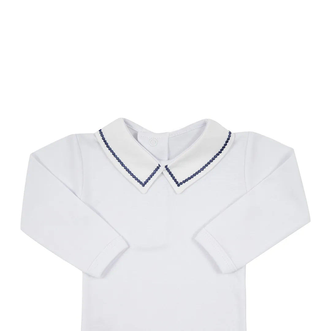 body corda azul marinho branco com gola tradicional e bordado azul marinho em ponto corda delicado