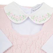body floreira rosa bebê branco com gola peter pan bordada com delicadas flores rosa e folhas verdes