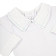 body jorge azul bebê em algodão branco, com gola peter pan e viés azul suave, combinando conforto e delicadeza para ocasiões especiais do bebê
