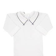 body jorge azul marinho em algodão branco, com gola peter pan e viés azul marinho, trazendo um toque clássico e elegante ao look do bebê