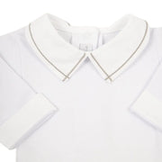 body jorge cinza em algodão branco, com gola peter pan e delicado viés cinza no contorno, unindo elegância e conforto para o bebê