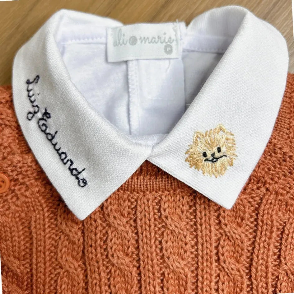 body personalizado para menino branco com gola polo, bordado de desenho e o nome do bebê