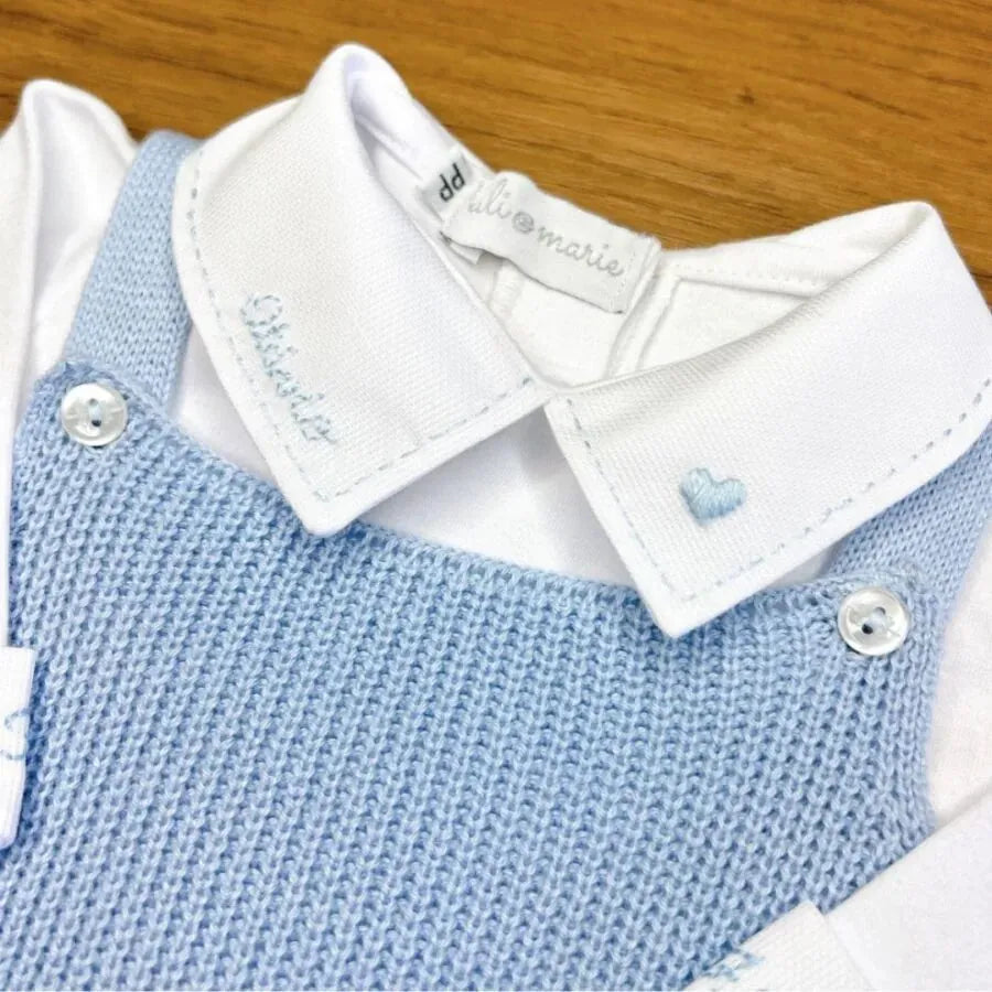 body personalizado para menino branco com gola polo, bordado de desenho e o nome do bebê