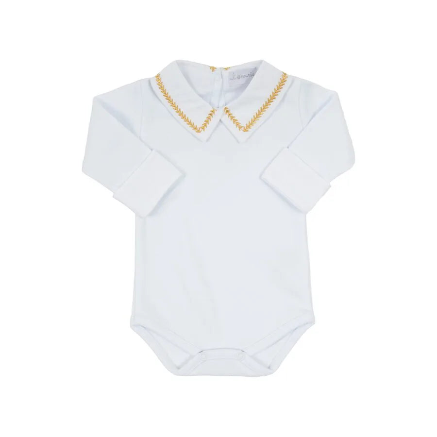 body ramos amarelo em algodão branco com gola bordada em delicado padrão de raminhos amarelos