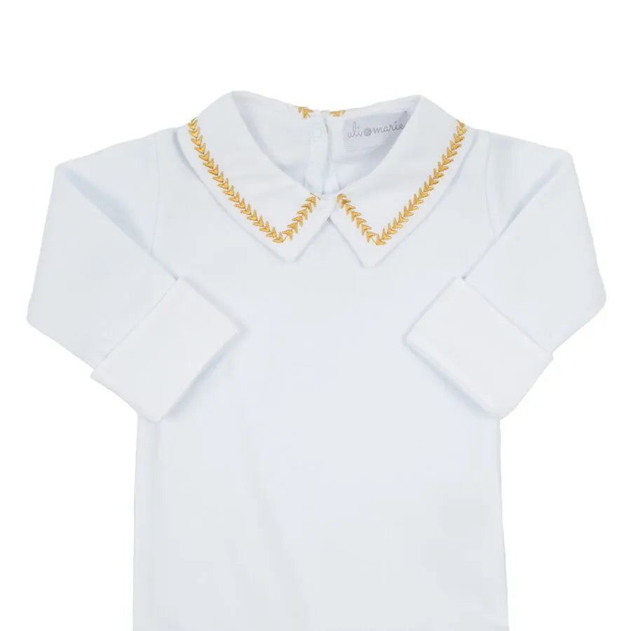 body ramos amarelo em algodão branco com gola bordada em delicado padrão de raminhos amarelos