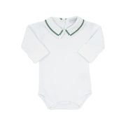 body ramos verde relva em algodão branco com gola bordada em delicado padrão de raminhos verde relva