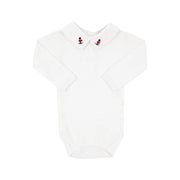 body soldadinho branco liso manga longa em algodão com gola social detalhada com bordado de soldadinhos