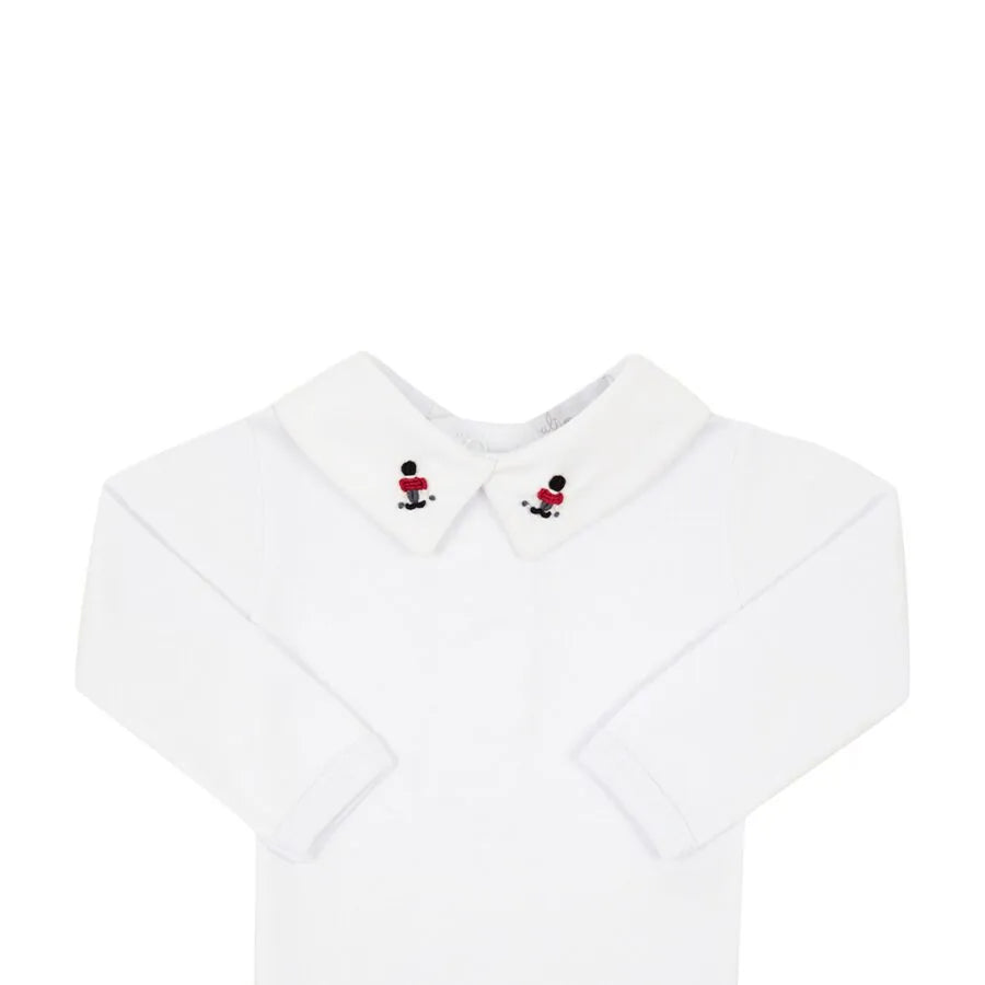 body soldadinho branco liso manga longa em algodão com gola social detalhada com bordado de soldadinhos
