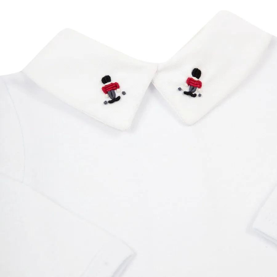 body soldadinho branco liso manga longa em algodão com gola social detalhada com bordado de soldadinhos