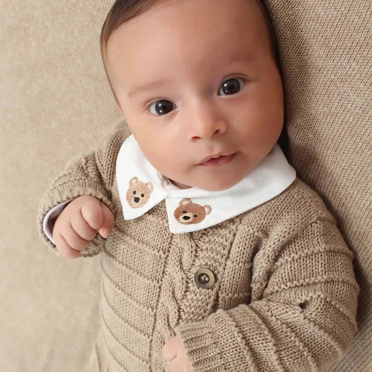 body teddy bear branco com gola peter pan bordada com rostinhos de ursinhos marrons delicados