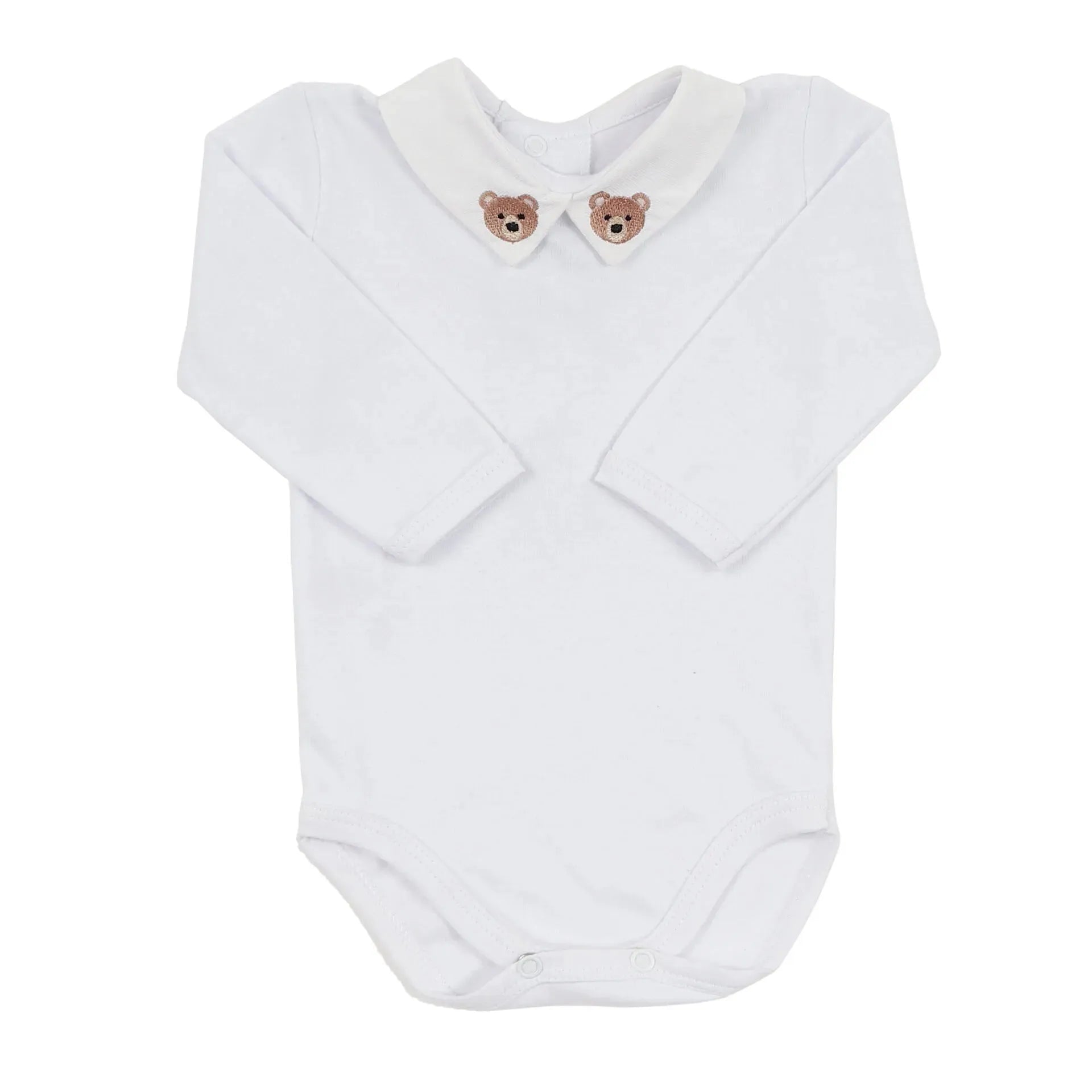 body teddy bear branco com gola peter pan bordada com rostinhos de ursinhos marrons delicados