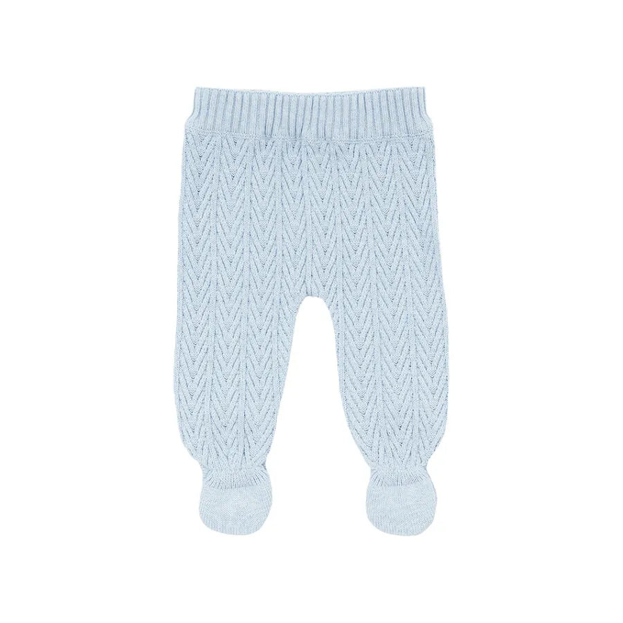 conjunto davi azul bebê de tricot com casaco e calça, calça com pezinho e casaco com botões
