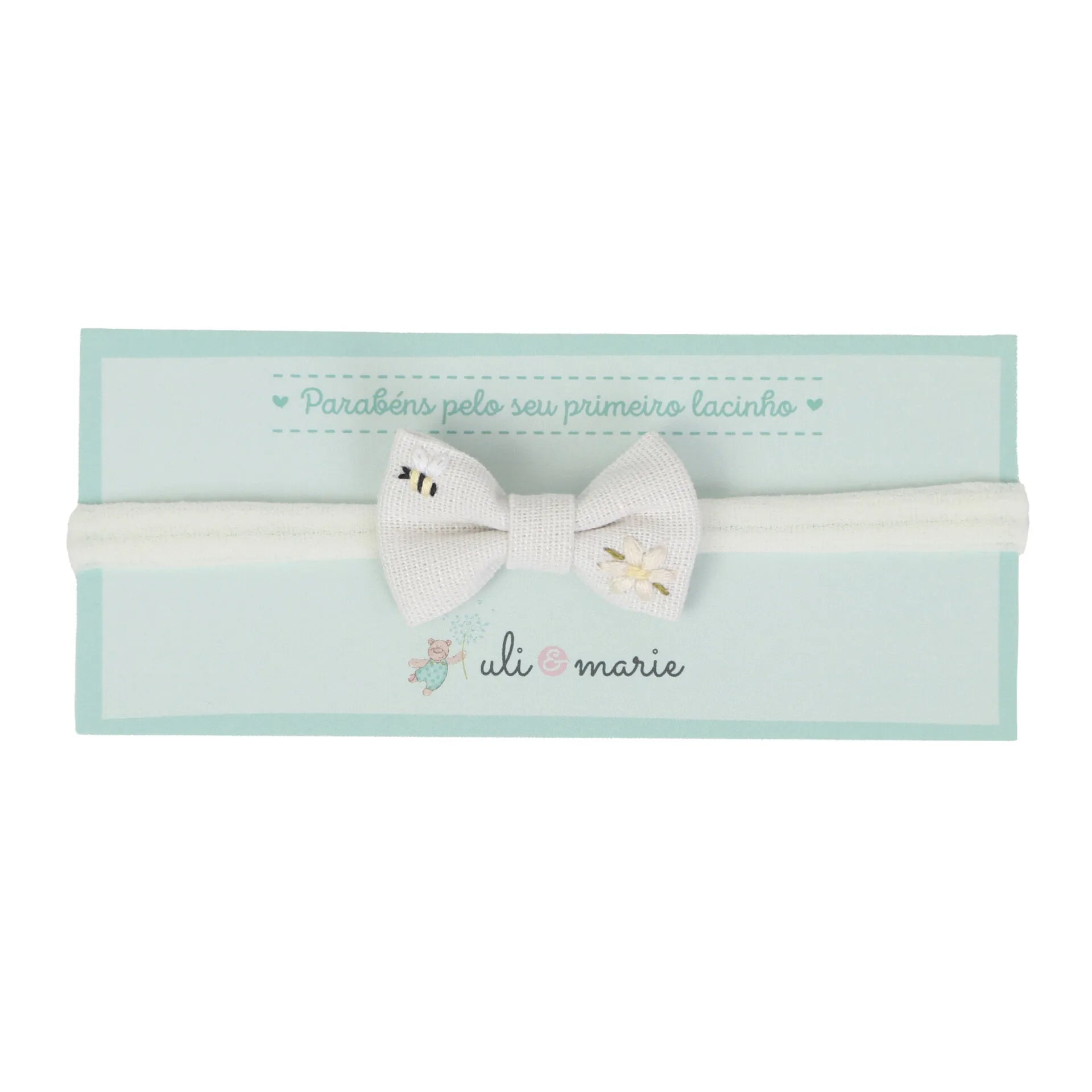 faixa de cabelo baby bee offwhite com laço em tecido e bordados delicados de abelhinha e flor