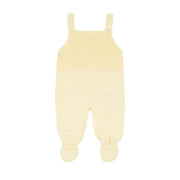 jardineira bambu amarelo bebê em tricot macio com pés e botões de madrepérola nas alças e na parte frontal