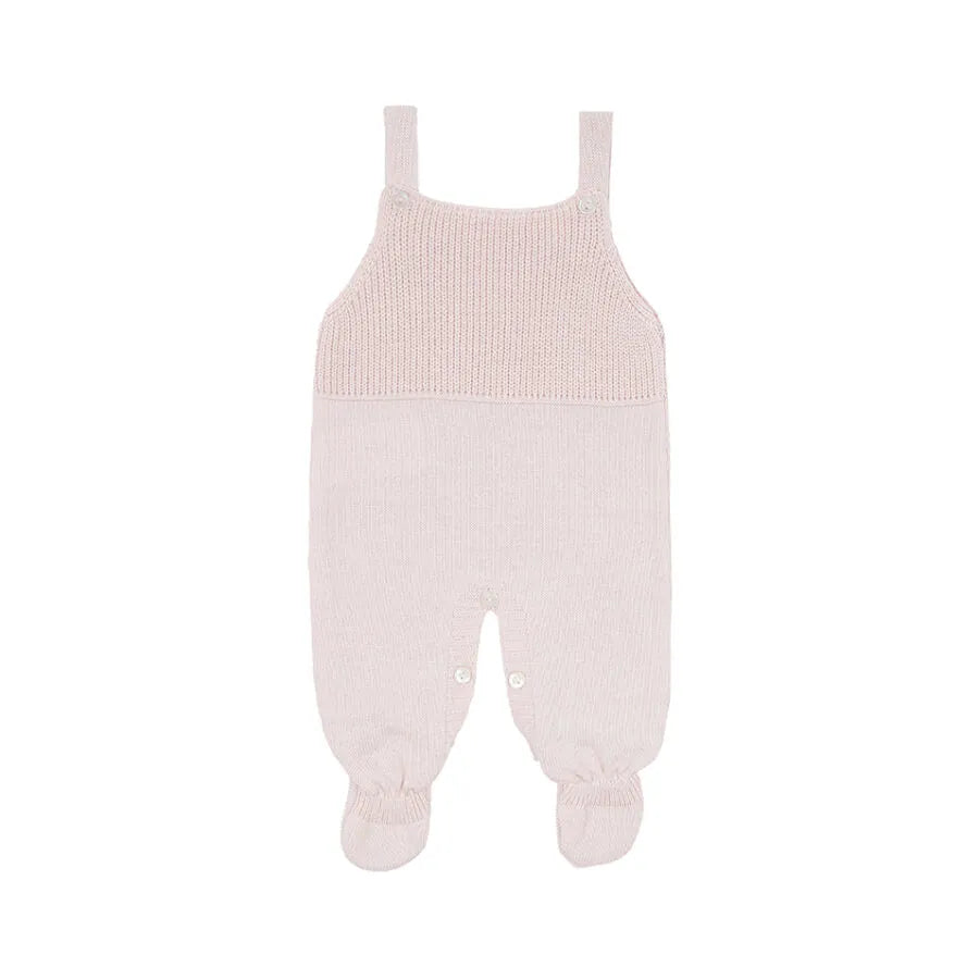 jardineira bambu rosa bebê de uma peça em tricô com alças e pezinho, textura canelada na parte superior