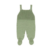 jardineira bambu verde folha em tricot com pezinho, ponto canelado no peito e botões de madeira nas alças