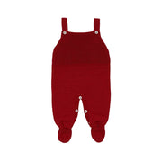 jardineira bambu vermelha de tricô com diferentes texturas e botões brancos no fechamento frontal