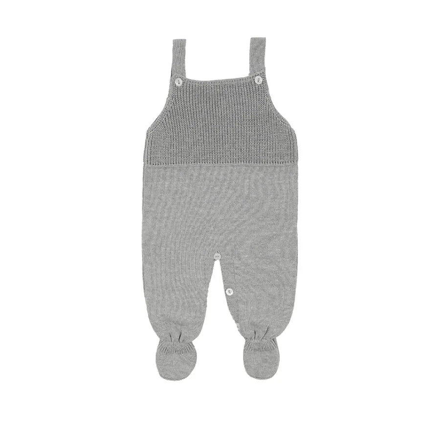 jardineira bambu cinza de tricot com body brasão branco com gola personalizada otávio em cinza