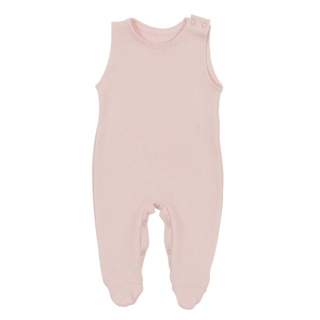 jardineira de tricô rosa claro sem mangas com pé, ponto canelado, abotoamento lateral no ombro, em fundo branco isolado