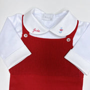 Kit Jade Vermelho com macacão em tricot vermelho e body branco com gola bordada à mão