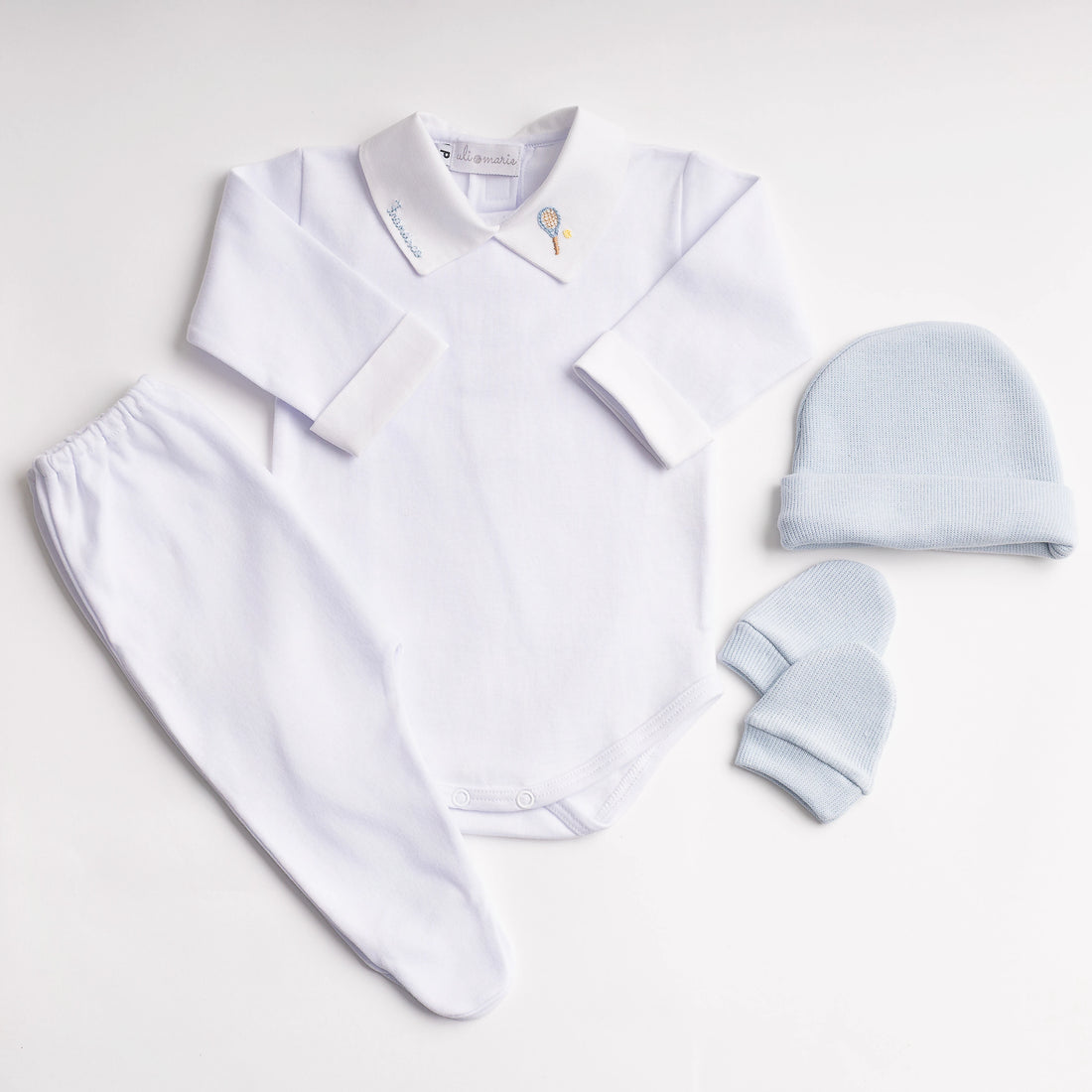 Conjunto de maternidade 3 peças: body, calça, gorro e luvas