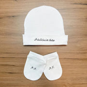 kit gorro e luva personalizado menino branco algodão egípcio com nome chediak bordado