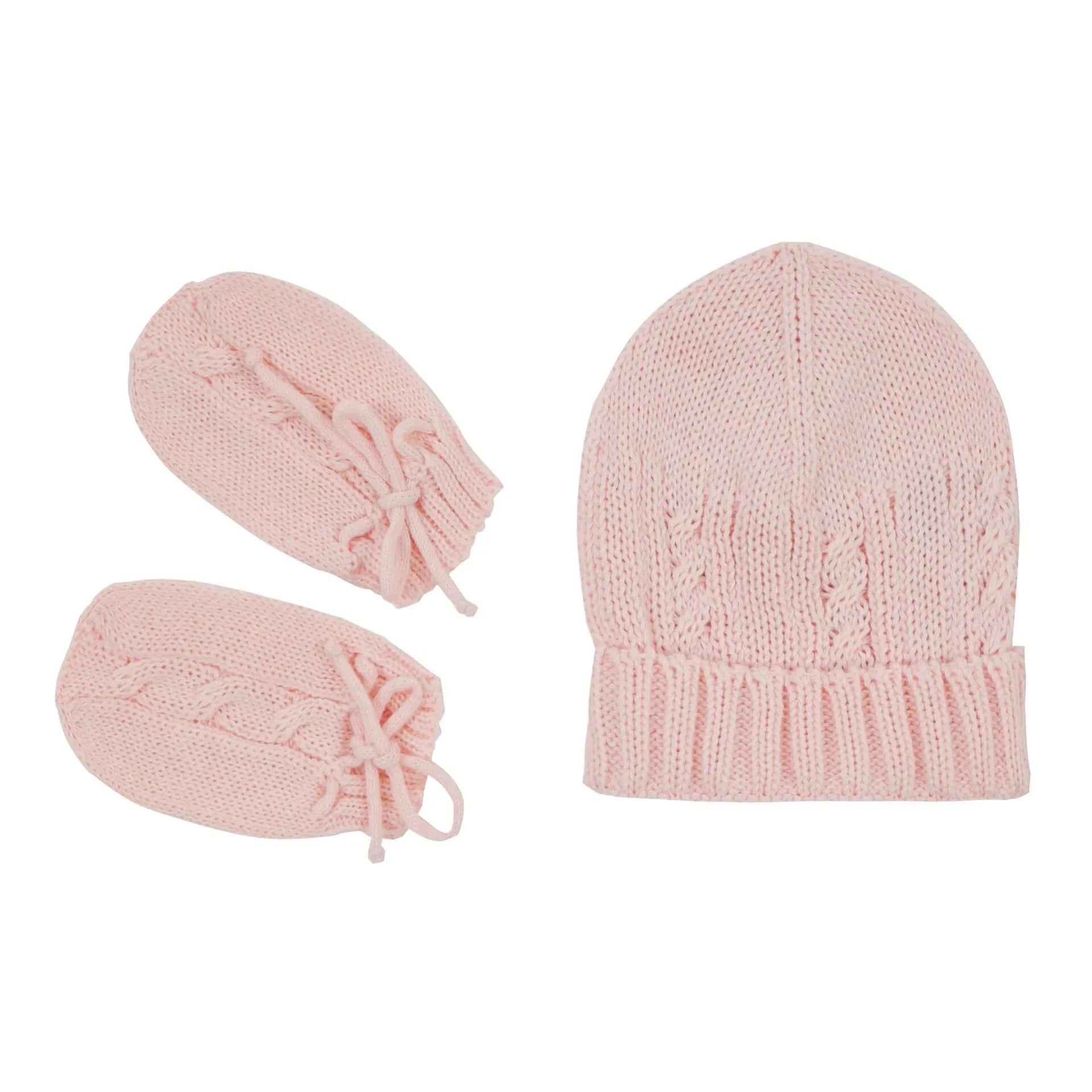 kit gorro e luva rosa bebê em tricô com pontos trançados e cordões ajustáveis nas luvas