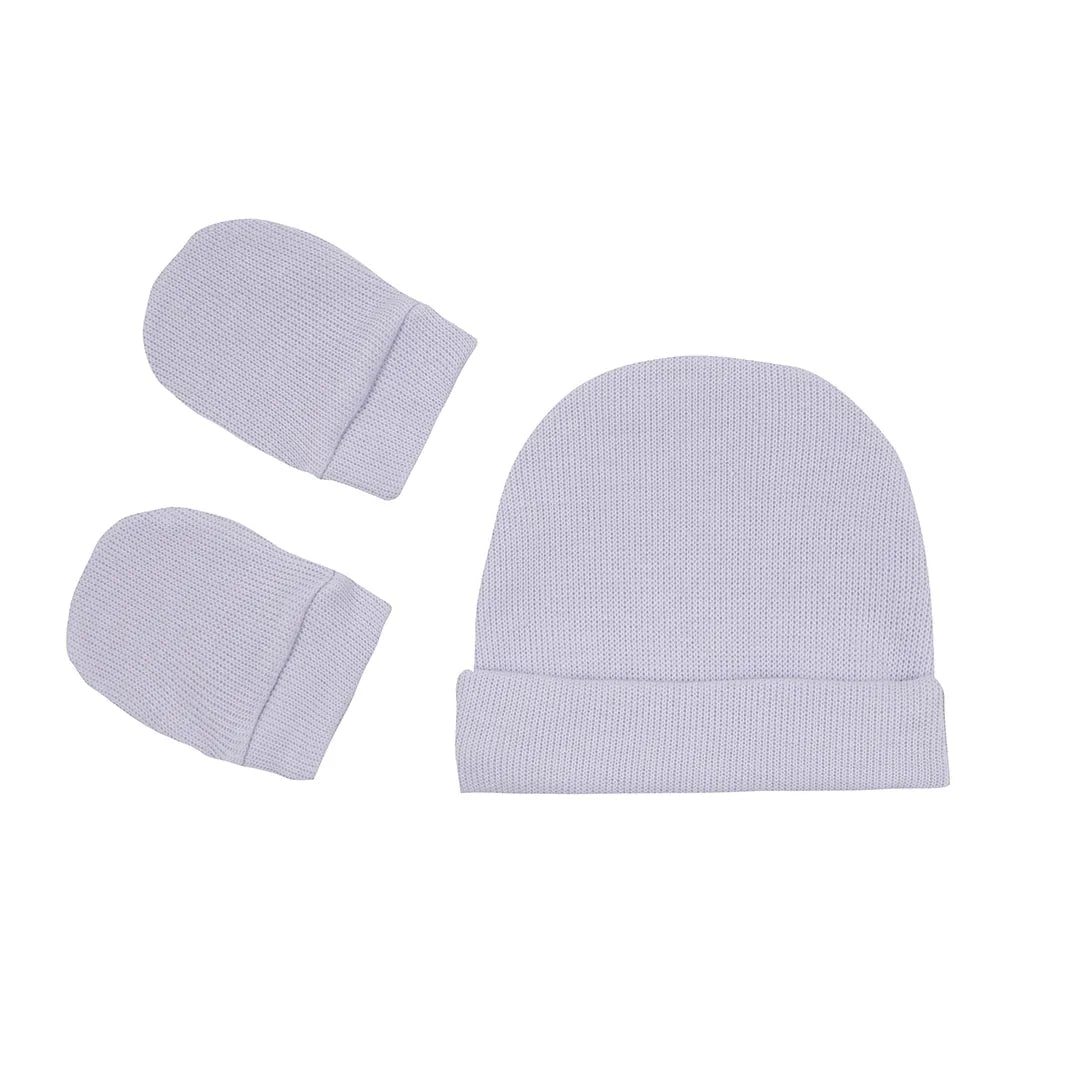 kit gorro e luva em algodão lilás, macio e confortável, ideal para manter o bebê aquecido com delicadeza