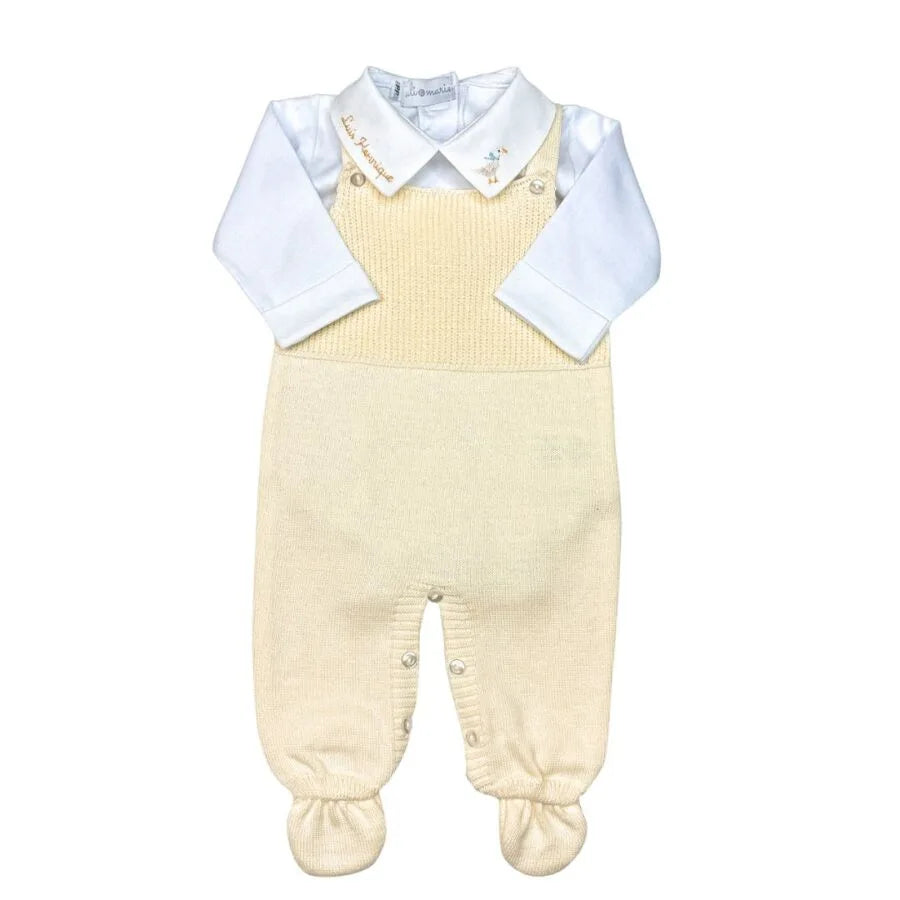 kit maternidade duck com body branco manga longa e jardineira amarelo claro em tricô com pezinho