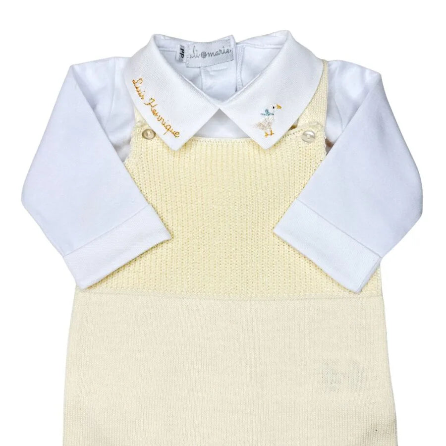 kit maternidade duck com body branco manga longa e jardineira amarelo claro em tricô com pezinho