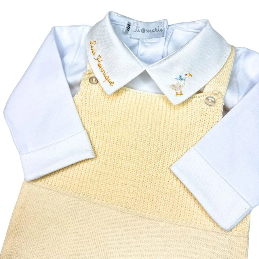 kit maternidade duck com body branco manga longa e jardineira amarelo claro em tricô com pezinho