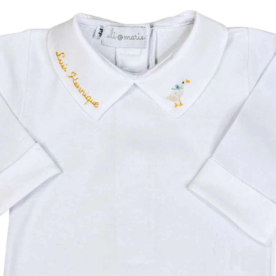 kit maternidade duck com body branco manga longa e jardineira amarelo claro em tricô com pezinho