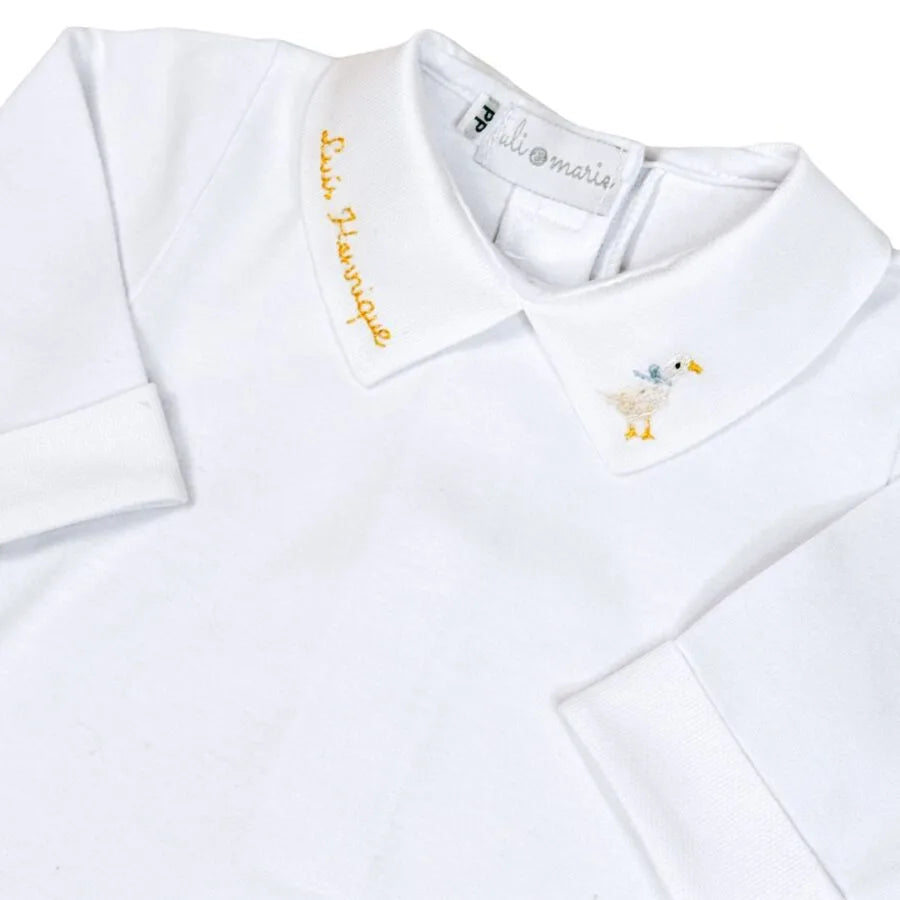 kit maternidade duck com body branco manga longa e jardineira amarelo claro em tricô com pezinho