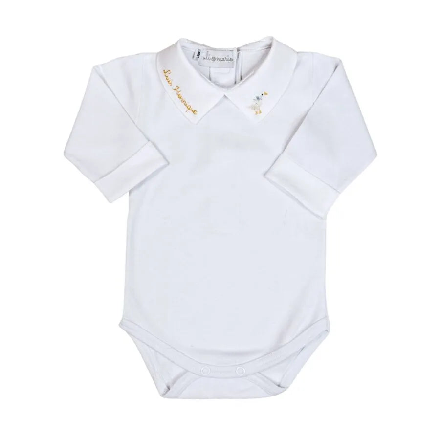 kit maternidade duck com body branco manga longa e jardineira amarelo claro em tricô com pezinho