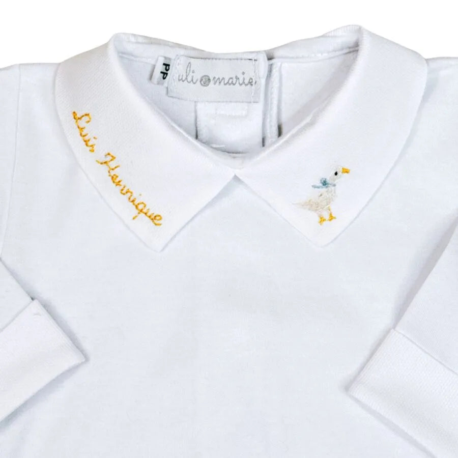 kit maternidade duck com body branco manga longa e jardineira amarelo claro em tricô com pezinho