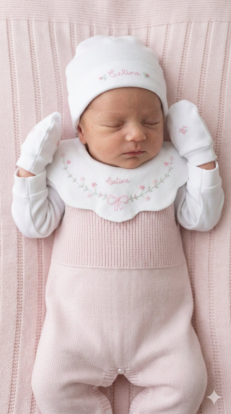 Kit maternidade Lacinho com 4 peças rosa claro em tricô e body branco com gola bordada personalizada