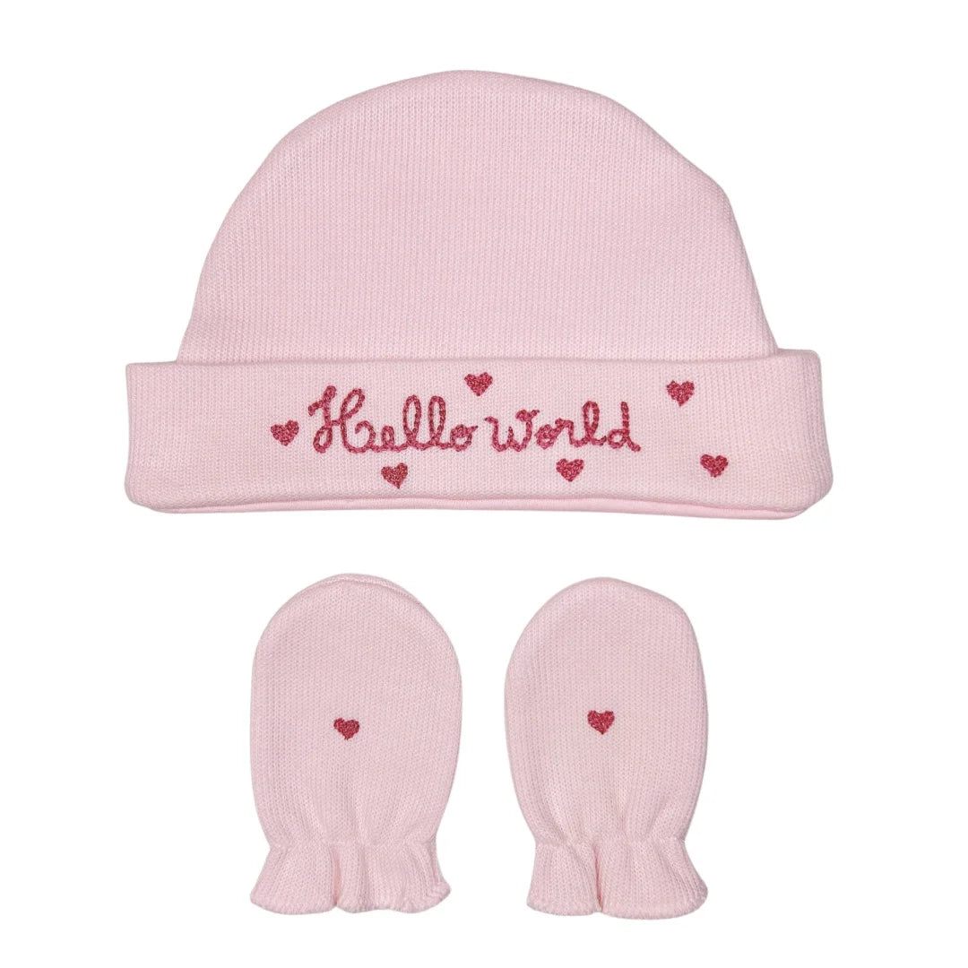 kit gorro e luva boas vindas rosa com bordado hello world e corações em glitter na barra