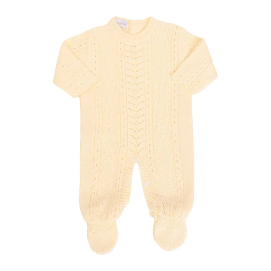 macacão firenze amarelo bebê de tricot com manga longa e detalhes de trama em zig zag