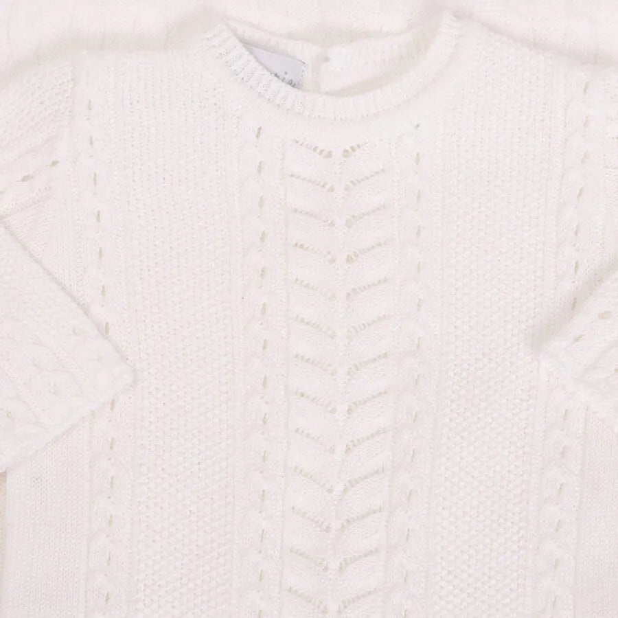 macacão firenze branco de tricot com manga longa e trama em zig zag no centro