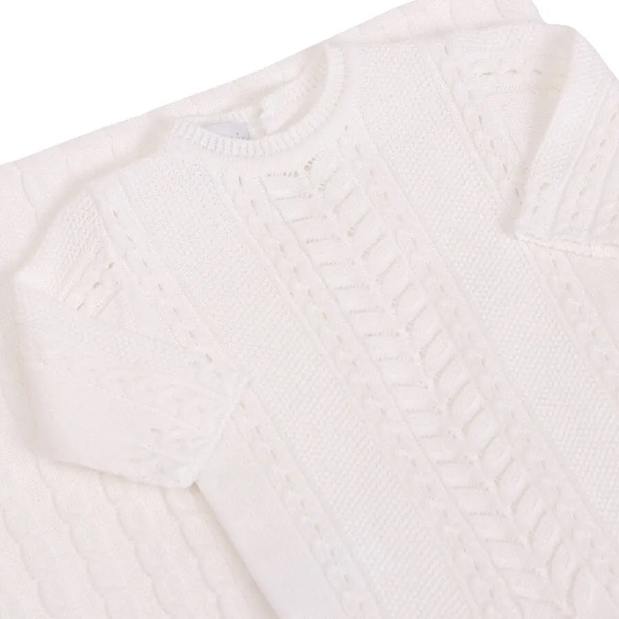 macacão firenze branco de tricot com manga longa e trama em zig zag no centro