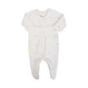 macacão heitor off-white inteiro com gola tradicional e delicados bordados de poás coloridos