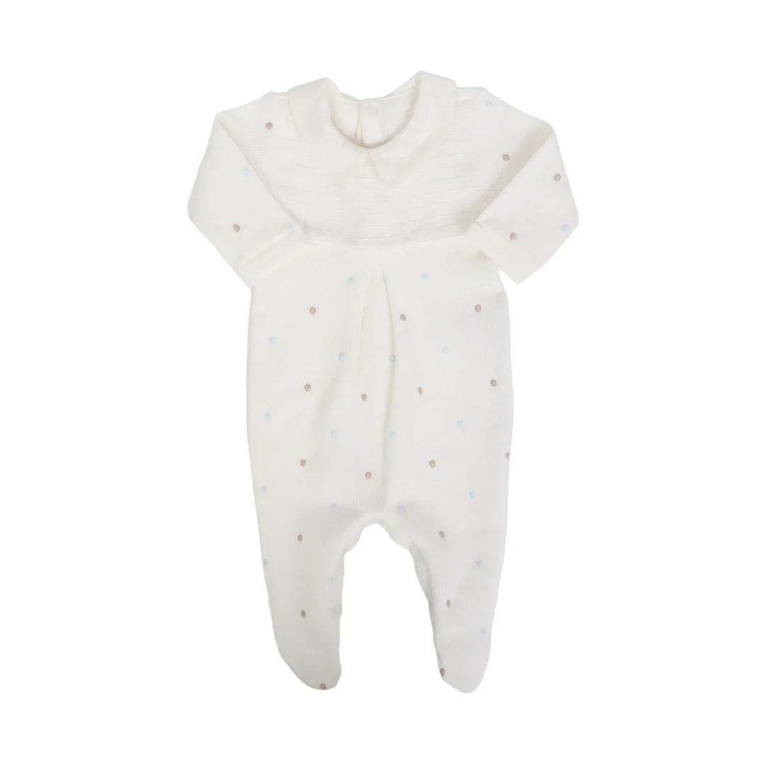 macacão heitor off-white inteiro com gola tradicional e delicados bordados de poás coloridos