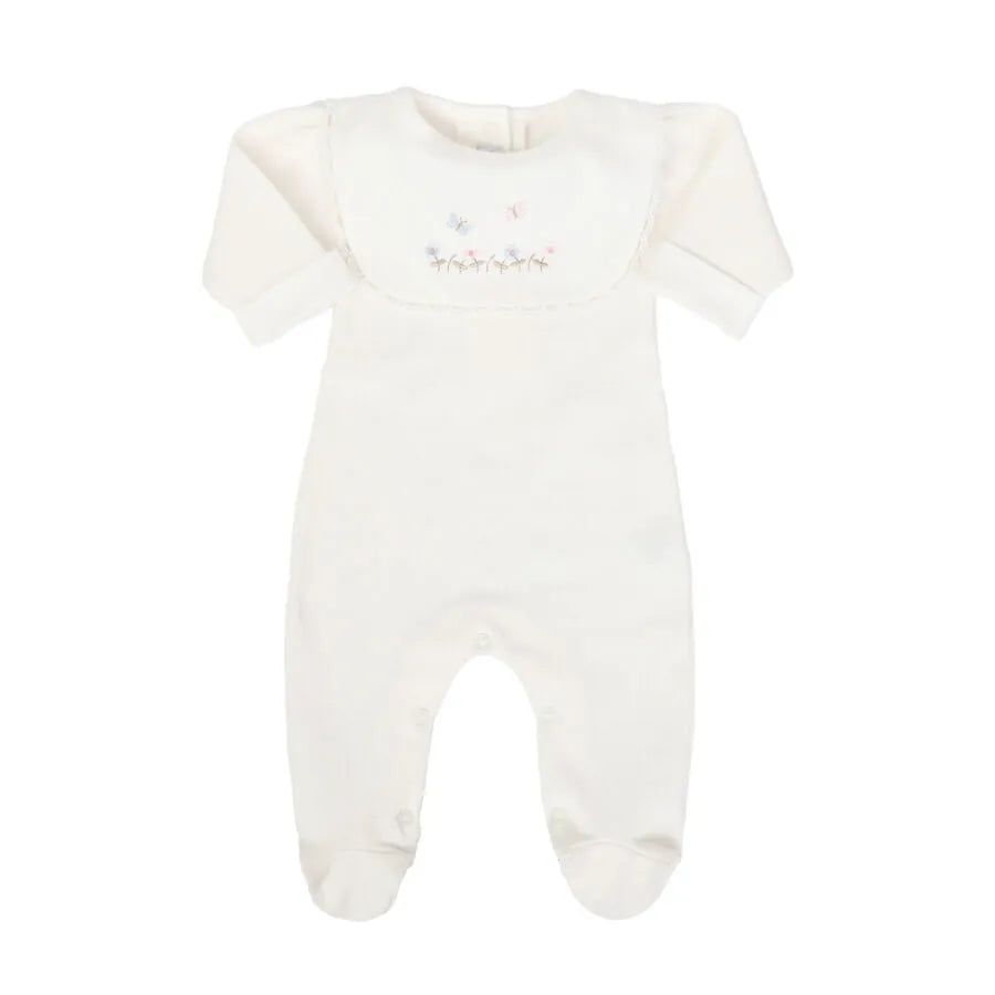 macacão jardim off-white inteiro com pala bordada de flores delicadas e detalhes de renda nas bordas