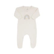 macacão rainbow off-white de manga longa com gola redonda e bordado delicado de arco íris no centro