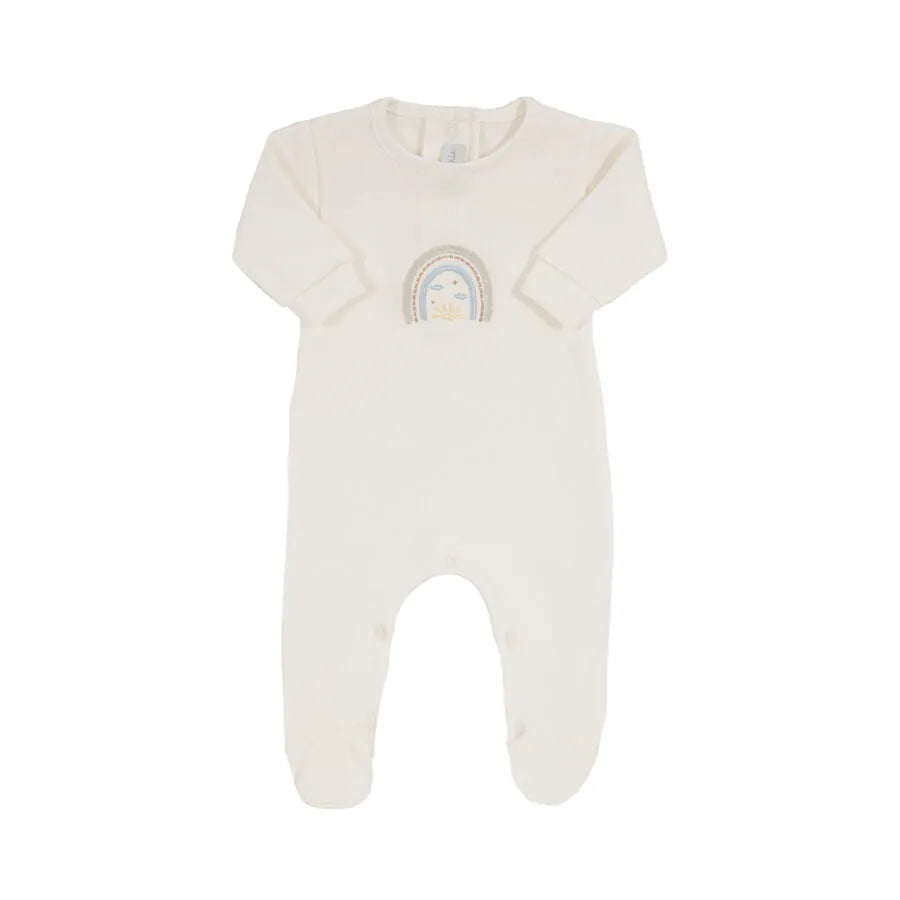 macacão rainbow off-white de manga longa com gola redonda e bordado delicado de arco íris no centro