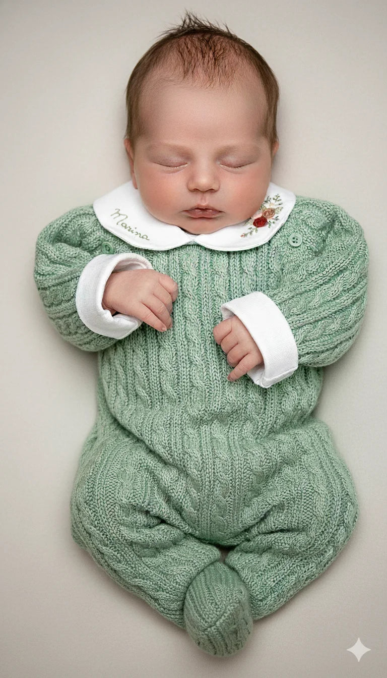macacão uli verde cideira em tricô com padronagem de tranças verticais e botões nos ombros e entrepernas